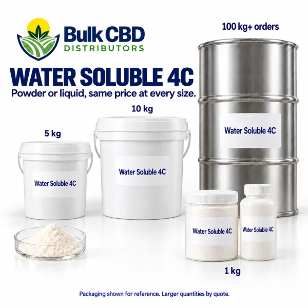 Water Soluble 4C wholesale packaging sizes, from 1 kg containers to 5 kg and 10 kg buckets and 100 kg+ steel drums