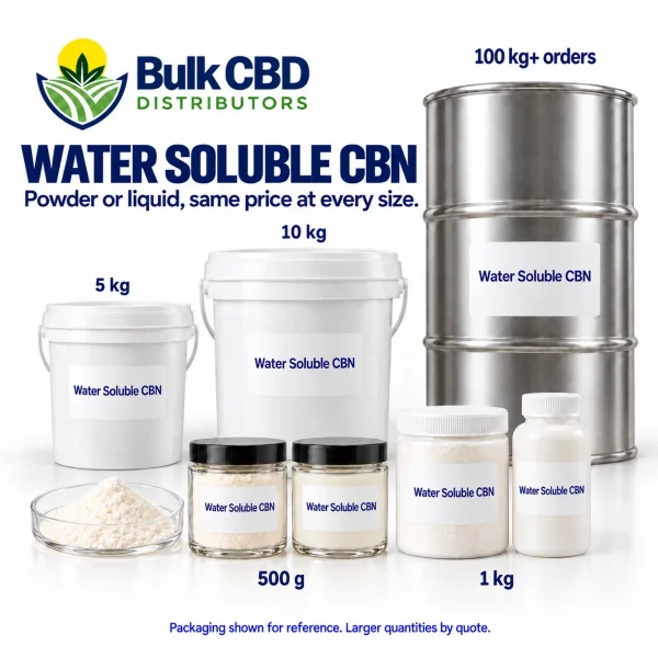 Water Soluble CBN wholesale packaging sizes, from 500 g jars and 1 kg containers to 5 kg and 10 kg buckets and 100 kg+ steel drums