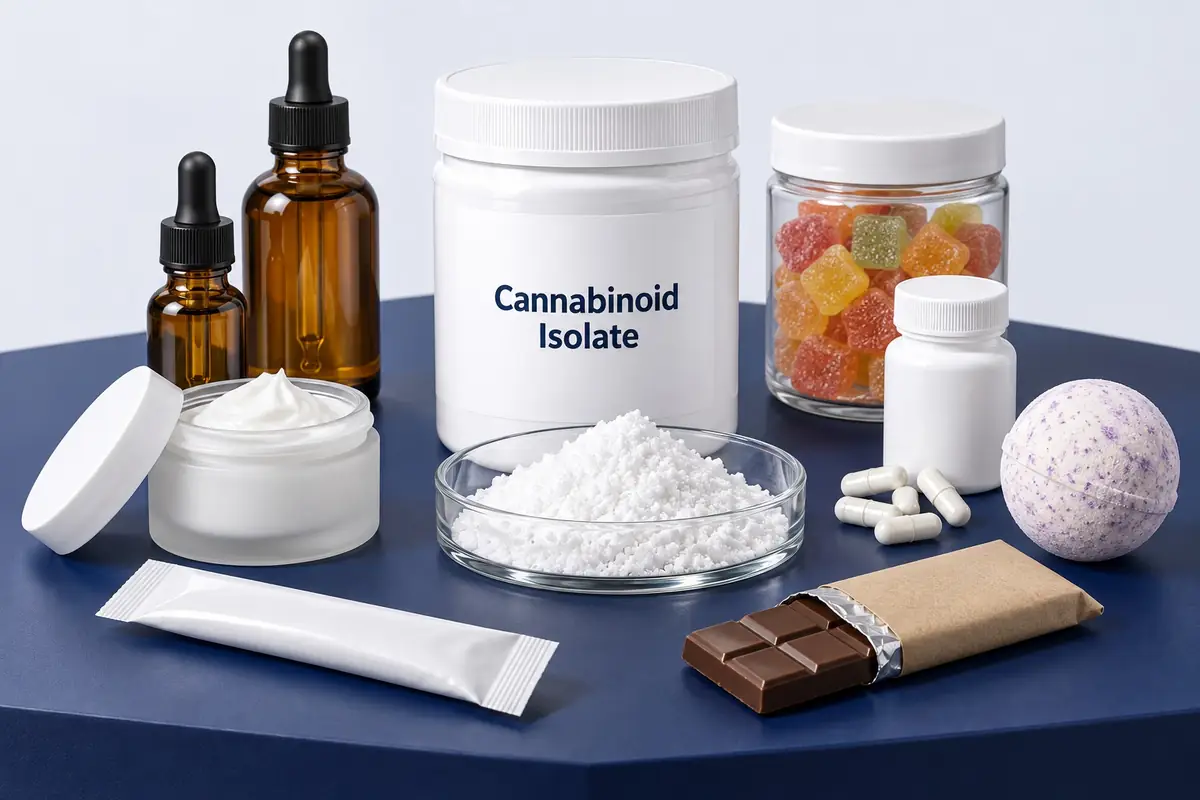 A jar of cannabinoid isolate surrounded by finished products made with it: tinctures, gummies, capsules, cream, a bath bomb, a drink stick and chocolate