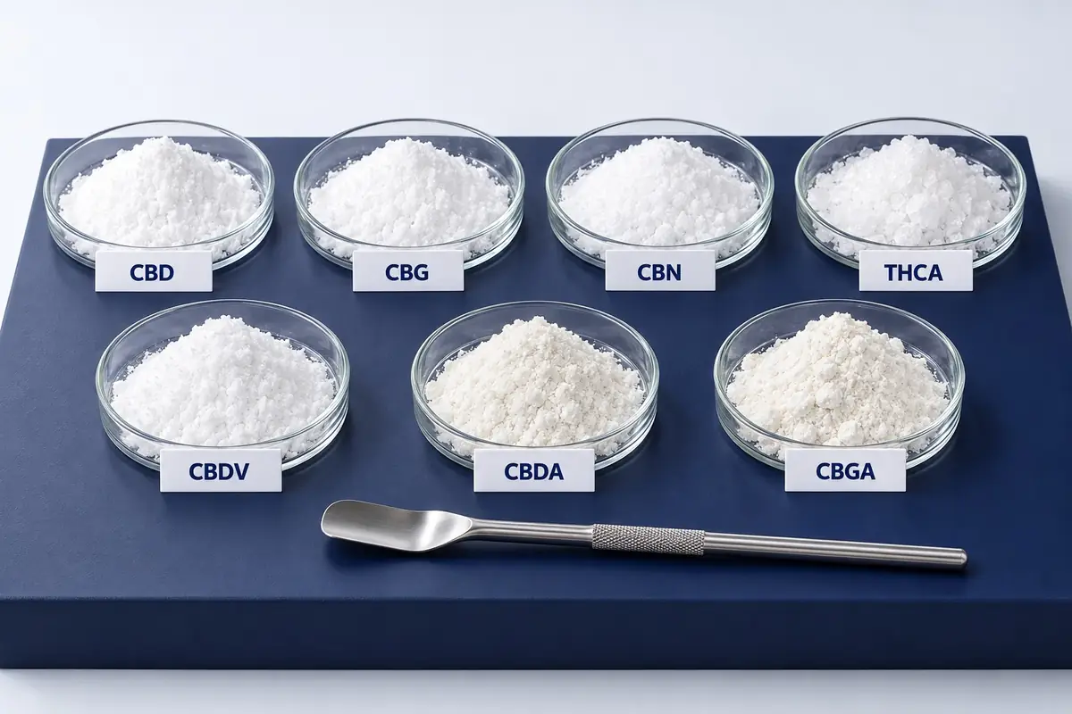 Seven cannabinoid isolate powders in petri dishes labeled CBD, CBG, CBN, THCA, CBDV, CBDA and CBGA
