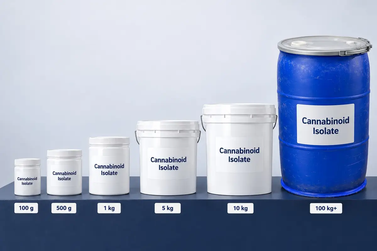 Cannabinoid isolate packaging sizes side by side: 100 g, 500 g and 1 kg jars, 5 kg and 10 kg pails and a 100 kg+ barrel