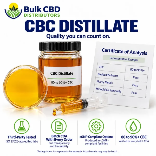 CBC Distillate representative certificate of analysis showing 80 to 90%+ CBC with passing residual solvent, heavy metal and microbial results
