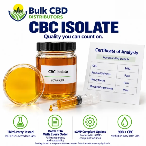CBC Isolate representative certificate of analysis showing 90%+ CBC with passing residual solvent, heavy metal and microbial results