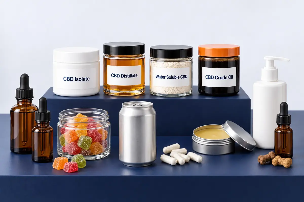 CBD isolate, distillate, water soluble CBD and crude oil jars surrounded by finished products: tinctures, gummies, a beverage, capsules, balm, lotion and a pet dropper