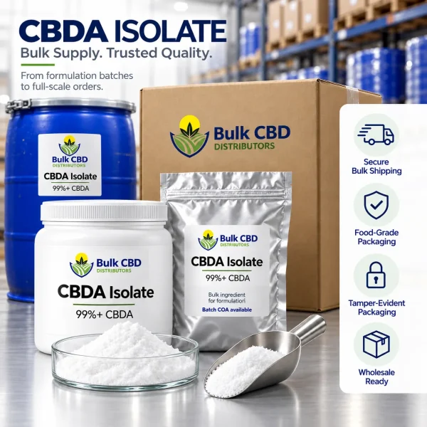 CBDA isolate packaging for bulk shipping, with a barrel for 100 kg orders, a jar, a foil pouch and a shipping box