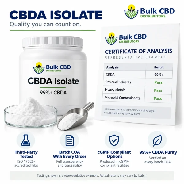 CBDA isolate jar beside a representative certificate of analysis from third-party lab testing