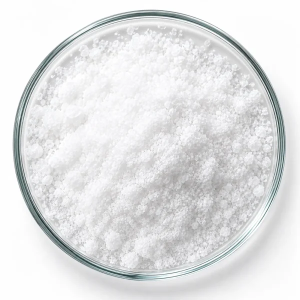 Close-up of white CBDA isolate crystalline powder in a glass dish