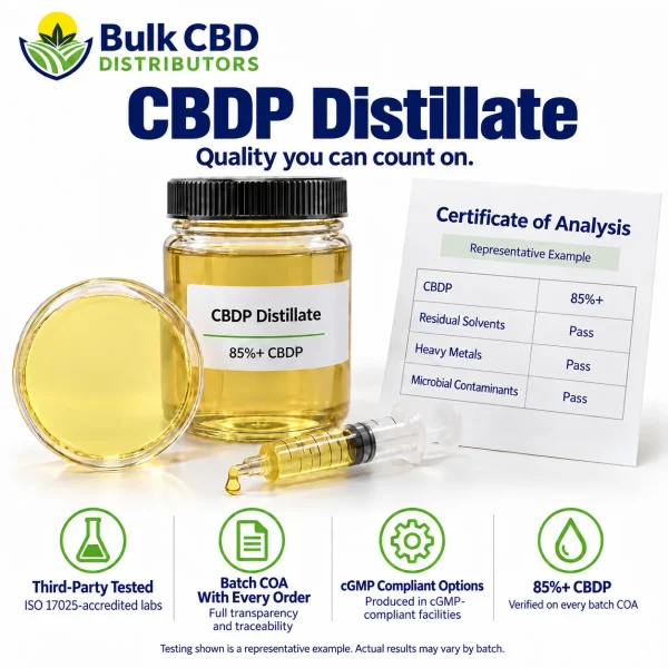 CBDP Distillate representative certificate of analysis showing 85%+ CBDP with passing residual solvent, heavy metal and microbial results