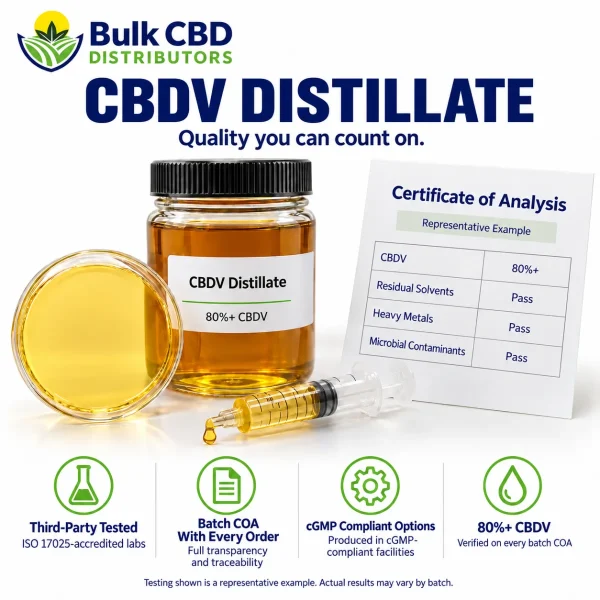 CBDV Distillate representative certificate of analysis showing 80%+ CBDV with passing residual solvent, heavy metal and microbial results