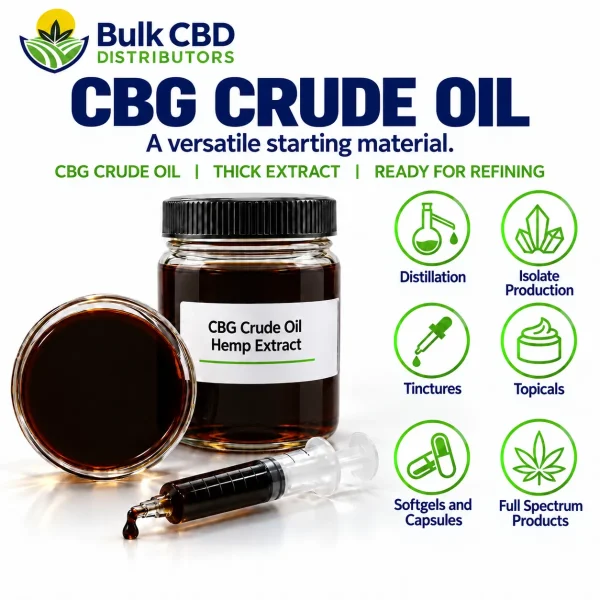 CBG Crude Oil applications: distillation, isolate production, tinctures, topicals, softgels and capsules, and full spectrum products