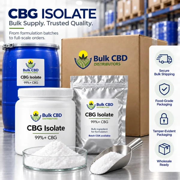 CBG isolate packaging and bulk shipping, with 100kg and larger orders shipping in barrels