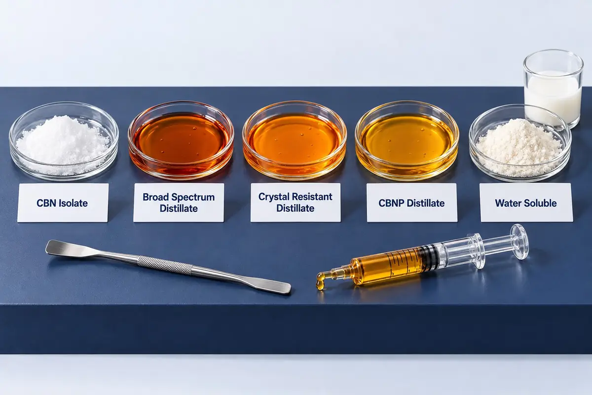 CBN ingredients in glass dishes: CBN isolate powder, broad spectrum and crystal resistant CBN distillate, CBNP distillate and water soluble CBN powder and liquid