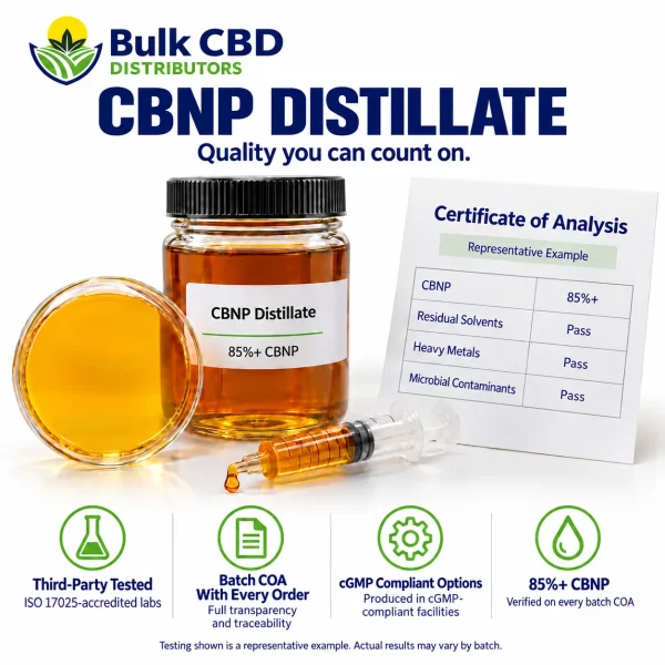 CBNP Distillate representative certificate of analysis showing 85%+ CBNP with passing residual solvent, heavy metal and microbial results