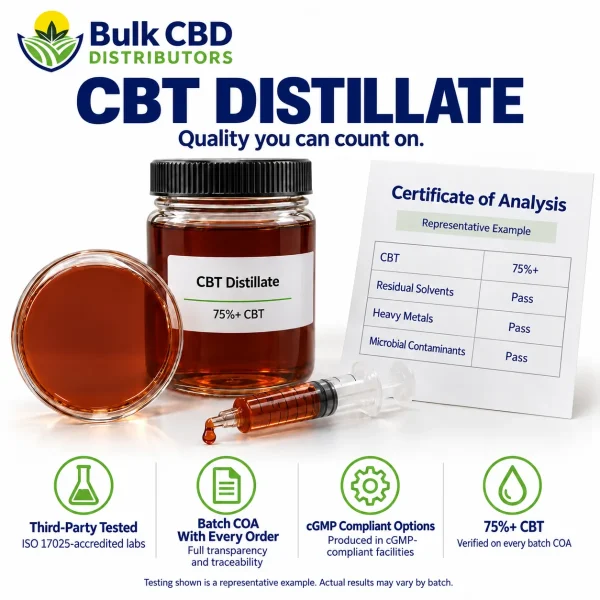 CBT Distillate representative certificate of analysis showing 75%+ CBT with passing residual solvent, heavy metal and microbial results