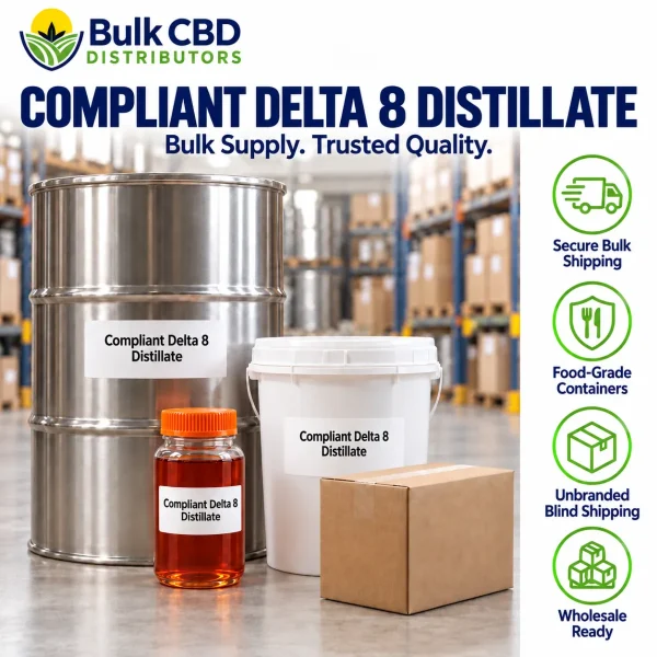 Compliant Delta 8 Distillate bulk shipping and packaging in unbranded containers