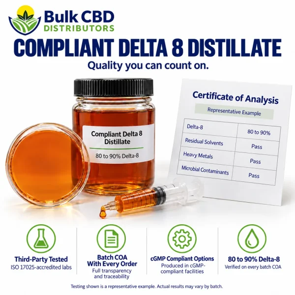 Compliant Delta 8 Distillate representative certificate of analysis showing 80 to 90% Delta-8 with passing residual solvent, heavy metal and microbial results