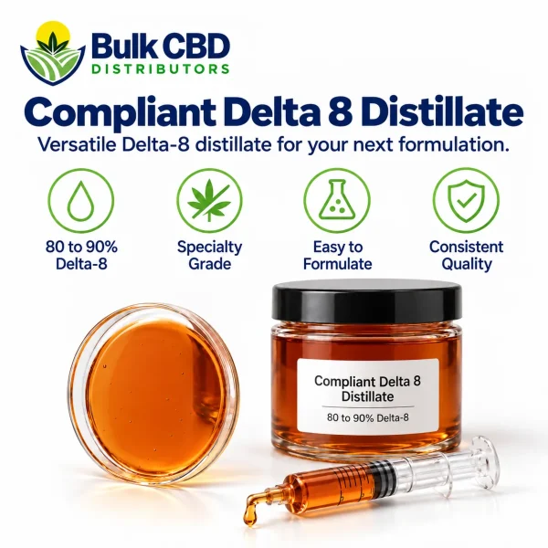 Compliant Delta 8 Distillate key features: 80 to 90% Delta-8, easy to formulate and consistent quality