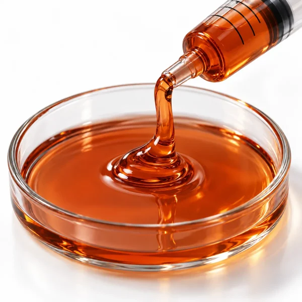 Close-up of Compliant Delta 8 Distillate viscous oil texture in a petri dish