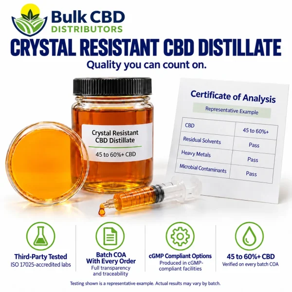 Crystal Resistant CBD Distillate representative certificate of analysis showing 45 to 60%+ CBD with passing residual solvent, heavy metal and microbial results