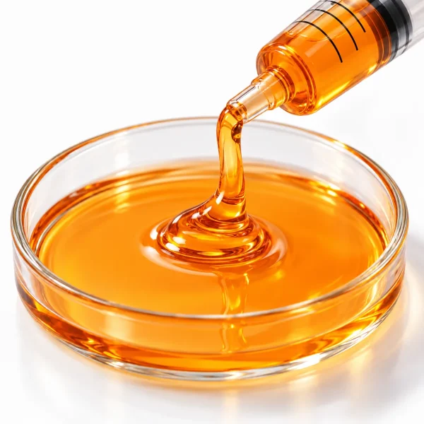 Close-up of Crystal Resistant CBD Distillate viscous oil texture in a petri dish