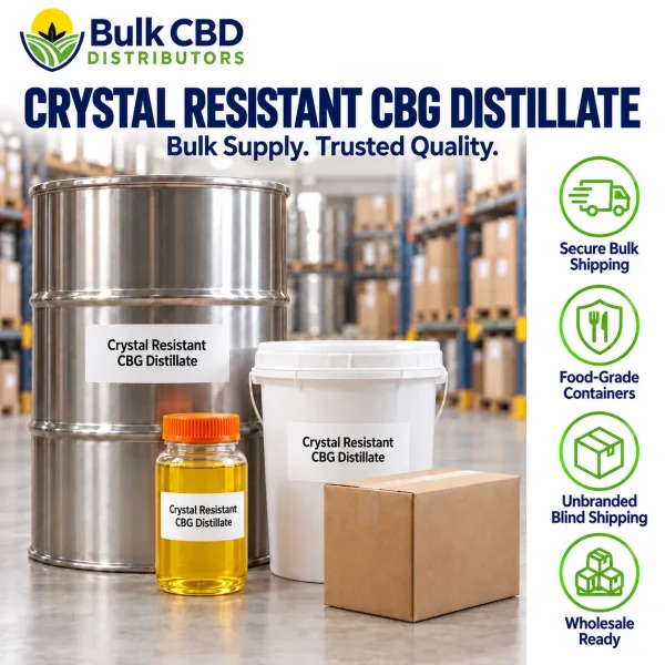 Crystal Resistant CBG Distillate bulk shipping and packaging in unbranded containers