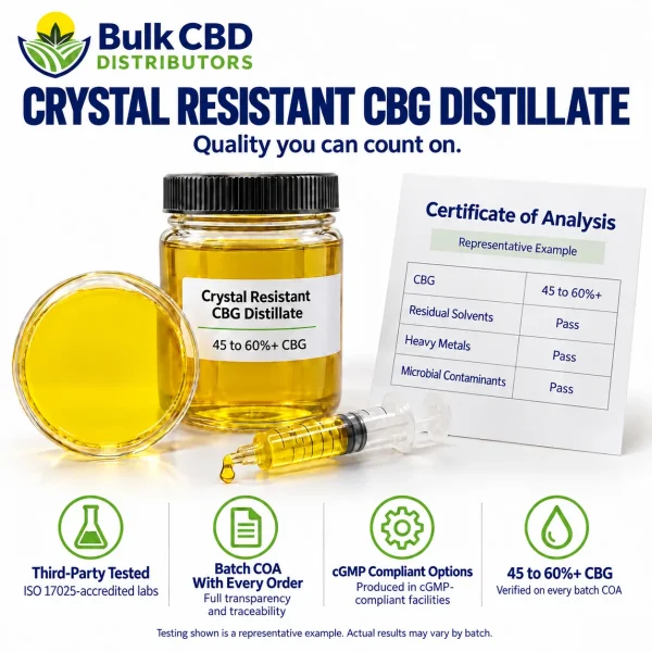 Crystal Resistant CBG Distillate representative certificate of analysis showing 45 to 60%+ CBG with passing residual solvent, heavy metal and microbial results