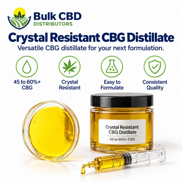Crystal Resistant CBG Distillate key features: 45 to 60%+ CBG, easy to formulate and consistent quality