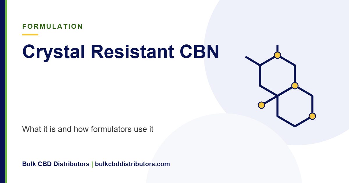 Crystal Resistant CBN. What it is and how formulators use it. Bulk CBD Distributors guide graphic.