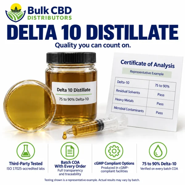 Delta 10 Distillate representative certificate of analysis showing 75 to 90% Delta-10 with passing residual solvent, heavy metal and microbial results
