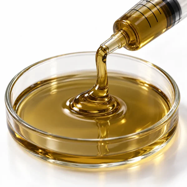 Close-up of Delta 10 Distillate viscous oil texture in a petri dish