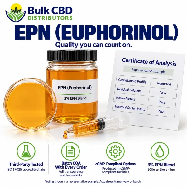 EPN (Euphorinol) representative certificate of analysis with cannabinoid profile and passing residual solvent, heavy metal and microbial results