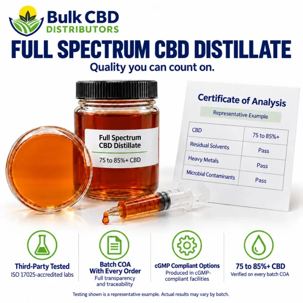 Full Spectrum CBD Distillate representative certificate of analysis showing 75 to 85%+ CBD with passing residual solvent, heavy metal and microbial results