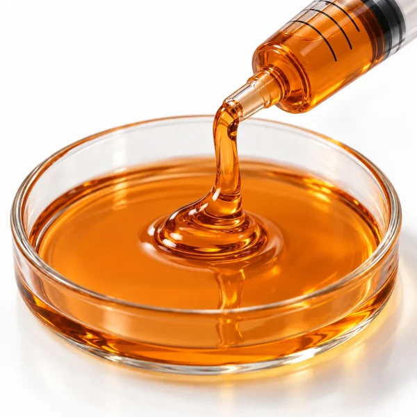 Close-up of Full Spectrum CBD Distillate viscous oil texture in a petri dish