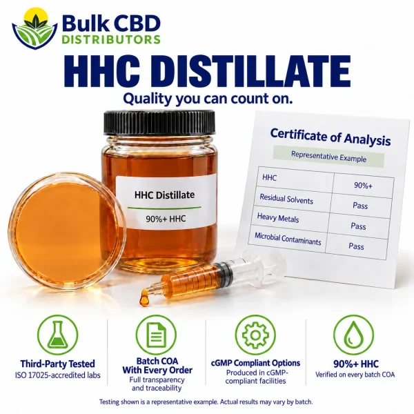 HHC Distillate representative certificate of analysis showing 90%+ HHC with passing residual solvent, heavy metal and microbial results