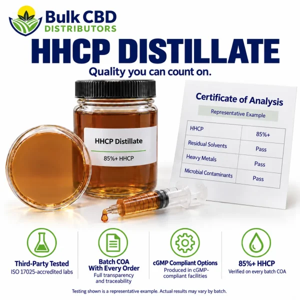 HHCP Distillate representative certificate of analysis showing 85%+ HHCP with passing residual solvent, heavy metal and microbial results