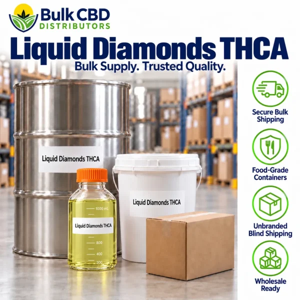 Liquid Diamonds THCA bulk supply with a steel drum, bucket, lab bottle and blind shipped box