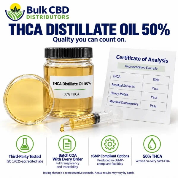 THCA Distillate Oil 50% representative certificate of analysis showing 50% THCA with passing residual solvent, heavy metal and microbial results