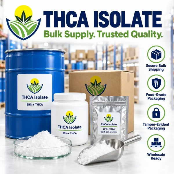 THCA isolate packaging and bulk shipping, with 100kg and larger orders shipping in barrels