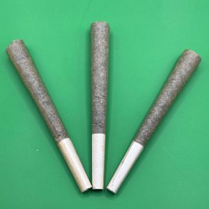 Three THCA hemp pre-rolls standing in a row with white filter tips