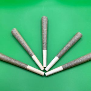 Five THCA hemp pre-rolls arranged in a fan with filter tips