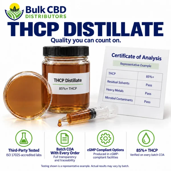 THCP Distillate representative certificate of analysis showing 85%+ THCP with passing residual solvent, heavy metal and microbial results