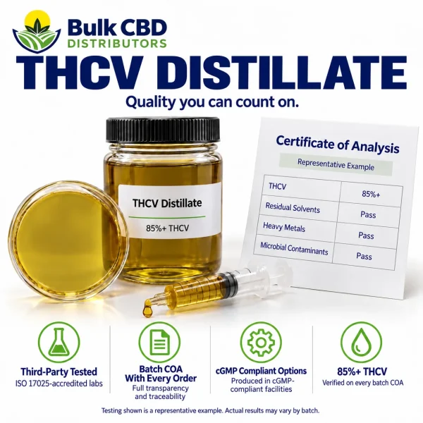 THCV Distillate representative certificate of analysis showing 85%+ THCV with passing residual solvent, heavy metal and microbial results