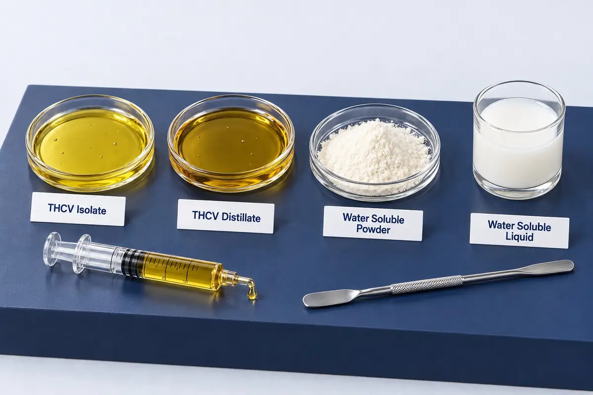 THCV ingredients in glass dishes: golden THCV isolate liquid, olive gold THCV distillate, water soluble THCV powder and liquid
