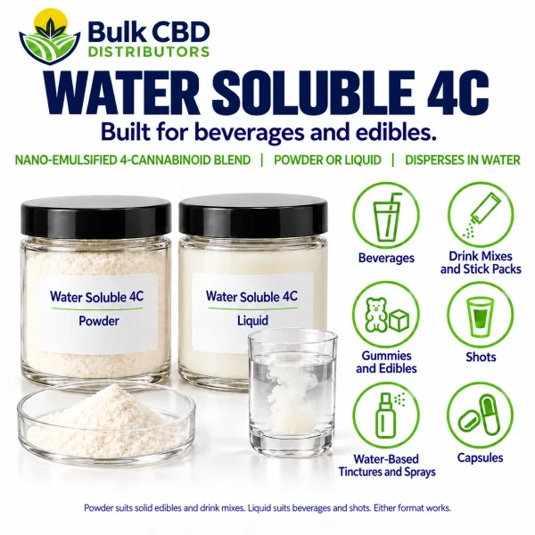 Water Soluble 4C applications: beverages, drink mixes, gummies, shots, tinctures and capsules
