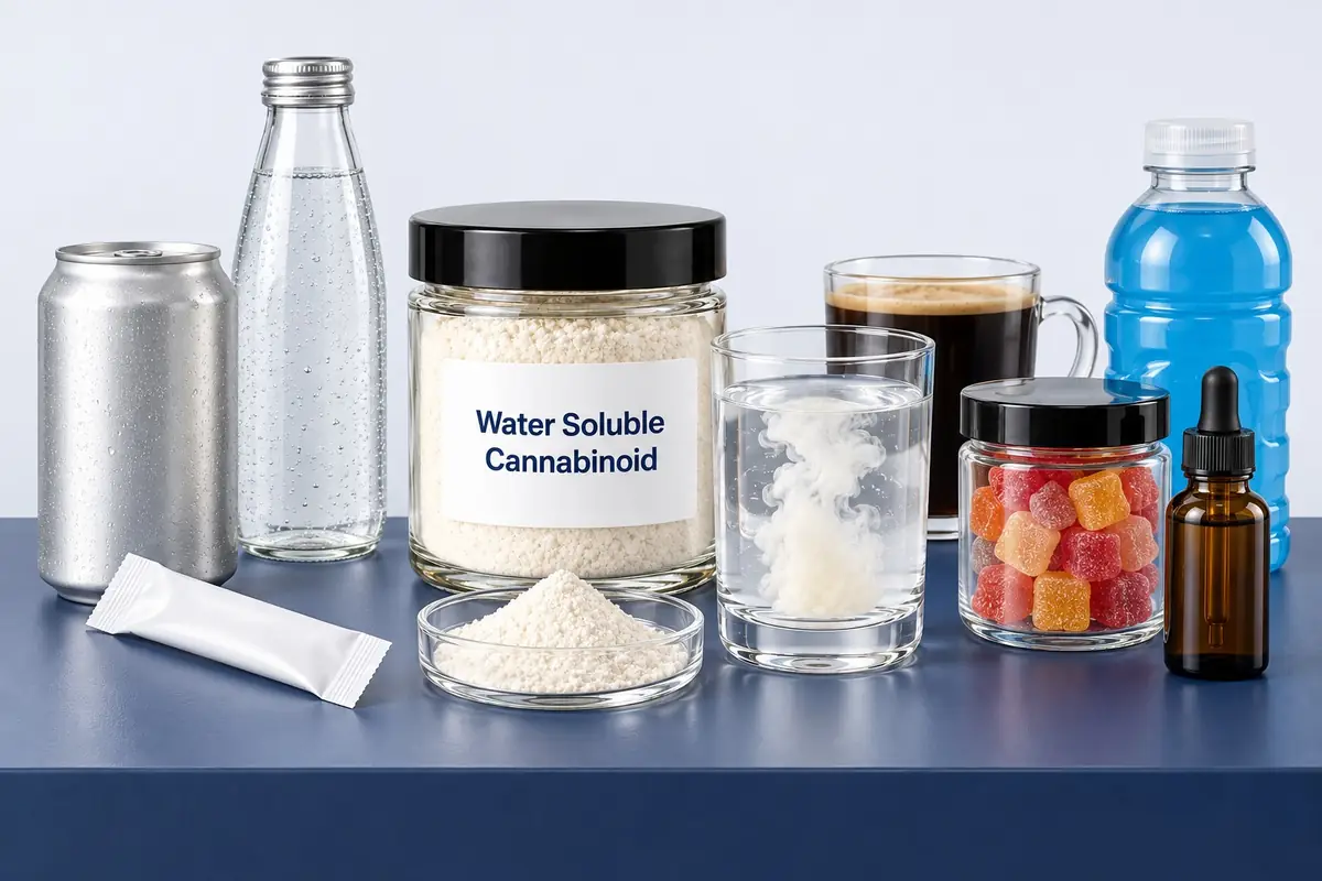 A jar of water soluble cannabinoid powder surrounded by products made with it: a beverage can, sparkling water, a drink stick, coffee, gummies, a tincture and a sports drink