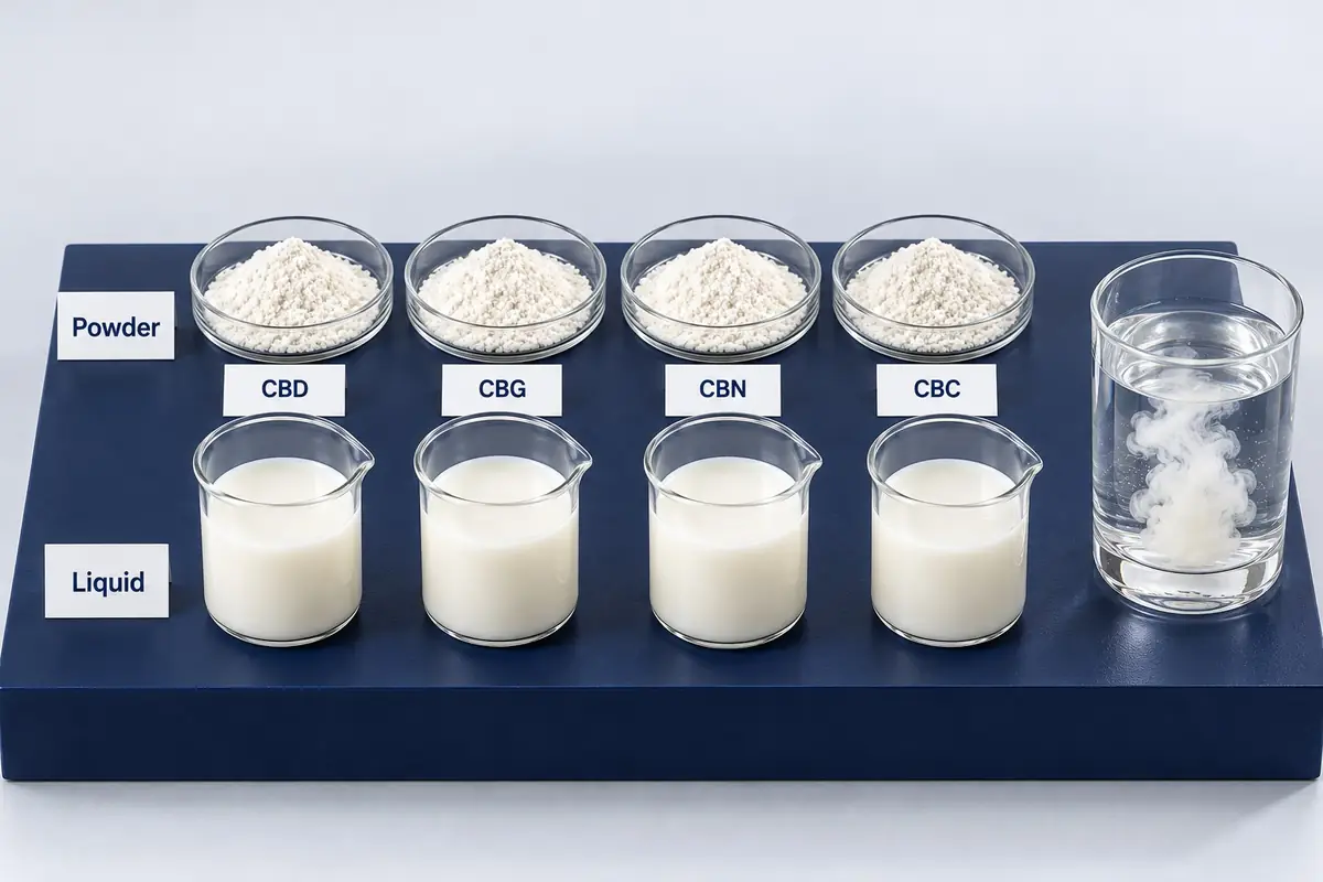 Water soluble CBD, CBG, CBN and CBC as powder in petri dishes and as liquid in beakers, with a glass of water showing the emulsion