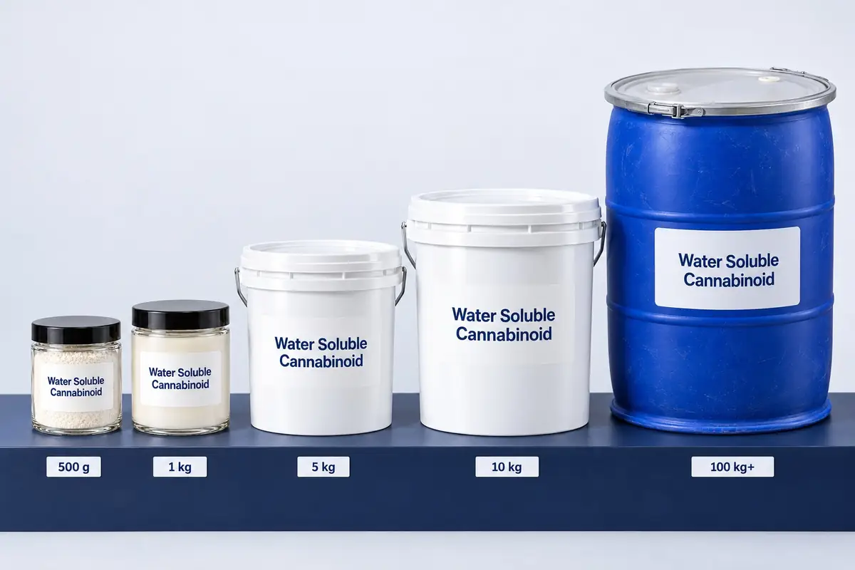 Water soluble cannabinoid packaging sizes side by side: 500 g and 1 kg glass jars, 5 kg and 10 kg buckets and a 100 kg+ drum