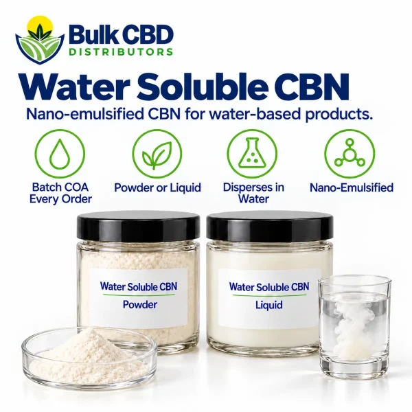 Water Soluble CBN key features: batch COA every order, powder or liquid, disperses in water, nano-emulsified